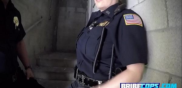  Busty MILF cop sucking and deep throating a BBC in public.